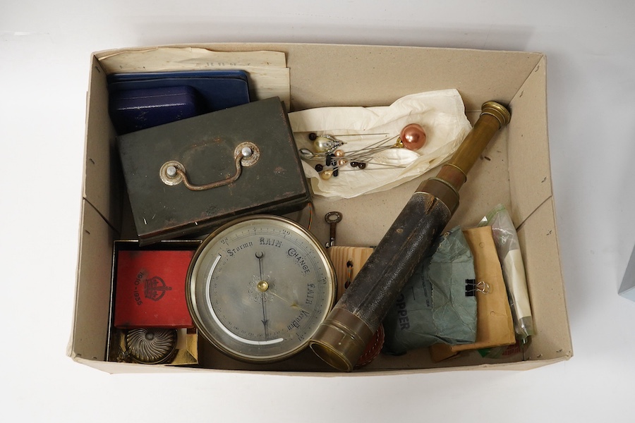 A Victorian brass four draw telescope, a drum cased aneroid barometer, coins and paper money, first day issues, etc. Condition - varies